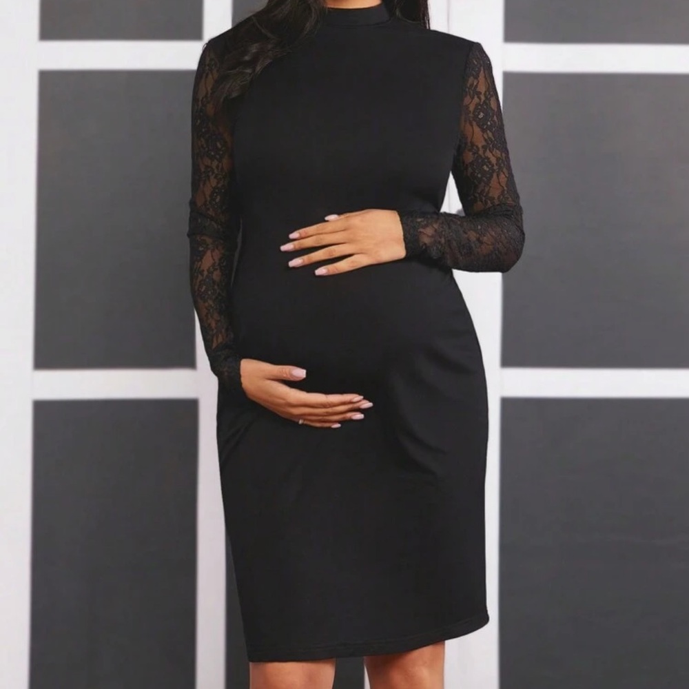 SHEIN Maternity Lace Patchwork Mini Stand Collar Dress